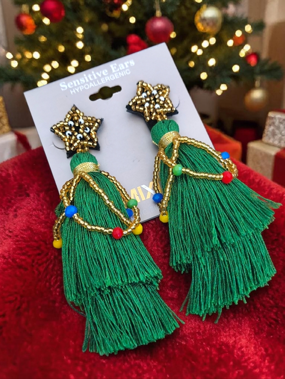 Mixit- Green Beaded Tassel Christmas Tree Statement Earrings